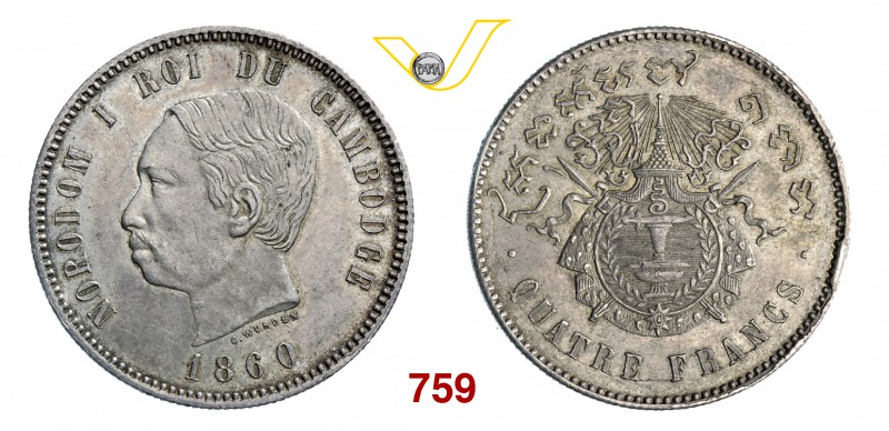 CAMBOGIA NORODOM I (1860-1904) 4 Franchi 1860. Kr. 49.1 Dav. AAO 149Ag g 19,89 q...