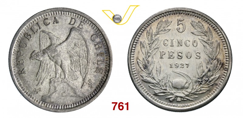 CILE REPUBBLICA 5 Pesos 1927. Kr. 173.1 Ag g 24,73 SPL