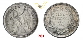 CILE REPUBBLICA 5 Pesos 1927. Kr. 173.1 Ag g 24,73 SPL