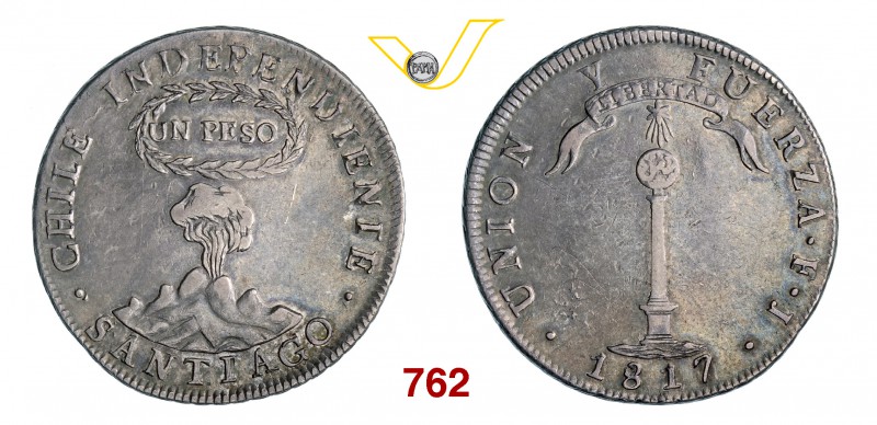 CILE REPUBBLICA Peso 1817, Santiago. Kr. 82.2 Ag g 27,29 • Bella patina BB
