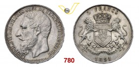 CONGO BELGA LEOPOLDO II (1865-1909) 5 Franchi 1891. Kr. 8.1 Dav. AAO 10 Ag g 25,01 BB+