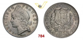 DOMINICANA (REPUBBLICA) 5 Franchi 1891 A. Kr. 12 Ag g 25,00 • Bella patina q.FDC