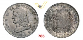 ECUADOR REPUBBLICA 5 Franchi 1858. Kr. 39 Ag g 24,89 • Bella patina e metallo brillante; debolezza di conio SPL