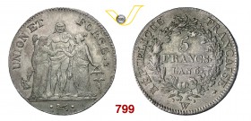 FRANCIA DIRETTORIO (1795-1799) 5 Franchi An. 6 W, Lille. Dav. 1337 Ag g 24,98 q.SPL/BB