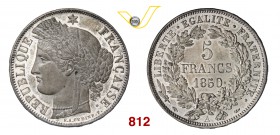 FRANCIA SECONDA REPUBBLICA (1848-1852) 5 Franchi 1850 A, Parigi. Dav. 93 Ag g 25,02 • Eccezionale FDC