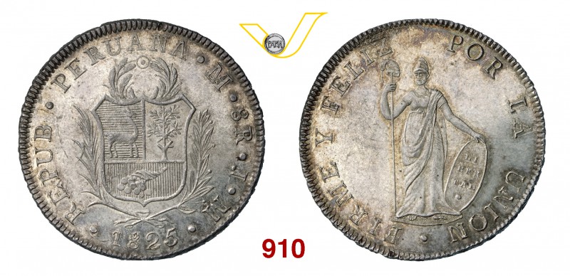 PERU' REPUBBLICA 8 Reales 1825, Lima. Kr. 142.1 Ag g 27,01 SPL÷FDC
