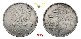 POLONIA REPUBBLICA 5 Zlotych 1930. Y. 19.1 Dav. 252 Ag g 18,01 • Hairlines da pulitura q.SPL