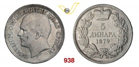 SERBIA MILAN OBRENOVICH IV (1868-1889) 5 Dinari 1879. Kr. 12 Dav. 304 Ag g 24,68 q.BB