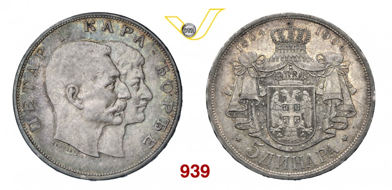 SERBIA PIETRO I (1903-1918) 5 Dinari 1904. Dav. 305 Ag g 24,97 • Bella patina q....