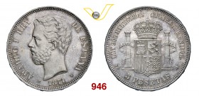 SPAGNA AMEDEO I (1870-1873) 5 Pesetas 1871 (1872). Y. 61 Dav. 337 Ag g 24,96 SPL