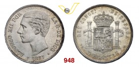 SPAGNA ALFONSO XII (1874-1885) 5 Pesetas 1877. Y. 75 Dav. 340 Ag g 25,01 SPL÷FDC