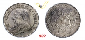 SUD AFRICA REPUBBLICA 5 Shillings 1892 "carro con due tiranti". Kr. 8.2 Dav. AAO 60 Ag • PCGS PR genuine (restauration recommandèe per patina a macchi...
