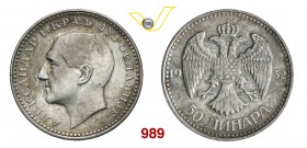 YUGOSLAVIA ALESSANDRO I (1921-1934) 50 Dinari 1932 senza firma sotto al collo. Kr. 16 Dav. 408 Ag g 22,96 SPL÷FDC