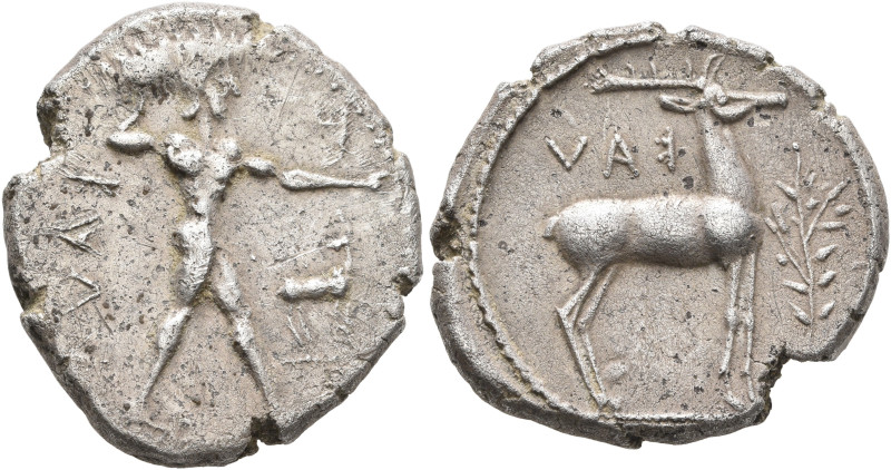 BRUTTIUM. Kaulonia. Circa 475-425 BC. Stater (Silver, 22 mm, 7.86 g, 10 h). ΚΑV ...