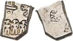 INDIA, Mauryan Empire. Circa 2nd century BC. Karshapana (Silver, 10x15 mm, 3.51 g). Three punches: three human figures, scales symbol and peacock stan...