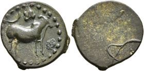 INDIA, Post-Mauryan (Coromandel). Pallavas. Simhavarman II, circa AD 436-470. AE (Bronze, 16 mm, 1.80 g). Humped bull to right; above, crescent and sr...