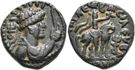 INDIA, Kushan Empire. Vima Takto (Soter Megas), circa 80-100. Tetradrachm (Bronze, 20 mm, 7.78 g, 12 h). Radiate and diademed bust of Vima Takto to ri...