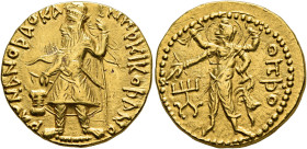 INDIA, Kushan Empire. Kanishka I, circa 127/8-152. Dinar (Gold, 19 mm, 8.00 g, 12 h), Baktria, probably Balkh. þAONANOþA KANηþKO KOþANO ('King of King...