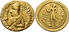 INDIA, Kushan Empire. Huvishka, circa 151-190. Dinar (Gold, 21 mm, 7.86 g, 12 h), Gandhara, probably Peshawar. ÞAONANOÞAO OOηÞKI KOÞANO ('King of King...