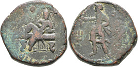 INDIA, Kushan Empire. Huvishka, circa 151-190. Tetradrachm (Bronze, 24 mm, 15.80 g, 12 h). ÞAONANOÞAO OOHÞKE KOÞANO ('King of Kings, Huvishka the Kush...