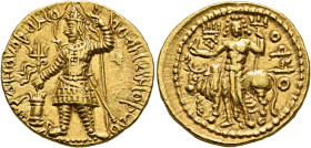 INDIA, Kushan Empire. Vasudeva I, circa 192-225. Dinar (Gold, 21 mm, 8.07 g, 12 h), maint mint in Baktria (Balkh?). ÞAONANOÞAO BAZOΔHO KOÞANO ('King o...