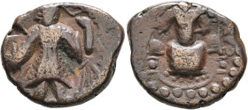INDIA, Kushan Empire. Kanishka II, circa 225-240. AE (Bronze, 21 mm, 7.08 g, 12 h), Gandhara, probably Peshawar. Kanishka II standing front, head to l...