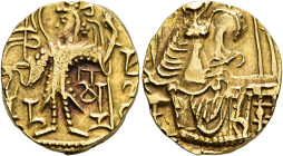 INDIA, Kushan Empire. Kipunada, circa 350-375. Dinar (Gold, 19 mm, 7.67 g, 12 h), Gandhara. Kipanada standing front, head to left, sacrificing with hi...