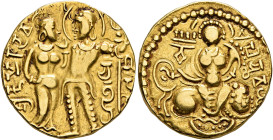 INDIA, Gupta Empire. First Dynasty. Chandragupta I, circa 320-335. Dinar (Gold, 19 mm, 7.41 g, 12 h), with Queen Kumaradevi. 'SRI KUMARADEVI' (in Brah...