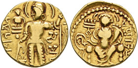 INDIA, Gupta Empire. First Dynasty. Samudragupta, circa 335-380. Dinar (Gold, 19 mm, 7.49 g, 12 h). SAMUDRA (in Brahmi) Samudragupta standing front, h...