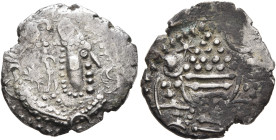INDIA, Post-Gupta (Gujarat). Mid 9th century. Gadhaiya (Silver, 20 mm, 4.18 g), emission 2, late Gurjaras. Bust with an elongated skull and large ears...
