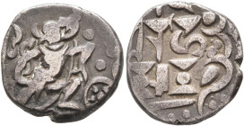 INDIA, Post-Gupta (Pratiharas). Bhoja I (Prabhasa/Adivarha/Mihira), 836-885. Drachm (Silver, 17 mm, 4.00 g). Boar-headed Varaha jumping right out of t...