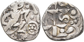 INDIA, Post-Gupta (Pratiharas). Bhoja I (Prabhasa/Adivarha/Mihira), 836-885. Drachm (Silver, 16 mm, 4.00 g). Boar-headed Varaha jumping right out of t...