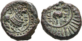 INDIA, Post-Gupta (Deccan). Vishnukundins. Circa 6th century. AE (Bronze, 15 mm, 3.70 g). Lion standing to right within circle; to right, Srivatsa. Re...