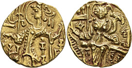 HUNNIC TRIBES, Kidarites. Kirada, circa 340-356. Dinar (Gold, 23 mm, 7.82 g, 12 h), Gandhara. Kirada standing front, head to left, sacrificing with hi...