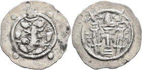 HUNNIC TRIBES, Hephthalites. 6th century. Drachm (Silver, 29 mm, 3.63 g, 3 h), imitating a drachm of the Sasanian King Peroz I (457/9-484) from Balkh....