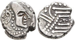 INDIA, Medieval. Chalukyas of Gujarat. 950-1000. Gadhaiya (Silver, 14 mm, 4.11 g), emission 4, possibly an early Chalukya issue. Bust with an elongate...