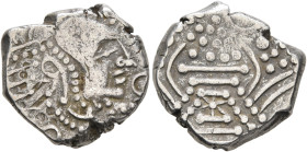 INDIA, Medieval. Chalukyas of Gujarat (?). 950-1000. Gadhaiya (Silver, 15 mm, 4.11 g), emission 4, possibly an early Chalukya issue. Bust with an elon...