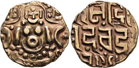 INDIA, Medieval. Gahadavalas of Kanauj. Govinda Chandra, 1114-1154. Dinar (Electrum, 19 mm, 4.27 g). Goddess Lakshmi seated facing. Rev. SRIMAD GOVIND...