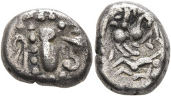 INDIA, Medieval. Paramaras of Vidarbha. Late 12th century. Gadhaiya (Silver, 15 mm, 4.18 g, 12 h). Highly stylized Sasanian head to right. Rev. Horsem...
