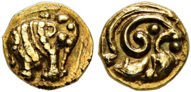 INDIA, Medieval. Gangas of Talakad (Western Gangas). Circa 1080-1138. Fanam (Gold, 5 mm, 0.28 g). Caparisoned elephant standing right. Rev. Floral scr...
