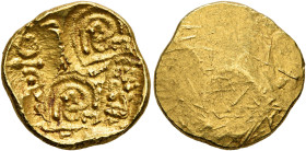 INDIA, Medieval. Yadavas of Devagiri. Bhillama V, 1185-1193. Pagoda (Gold, 16 mm, 3.49 g). Four punches: Conch shells, the ruler's name in Devangari a...