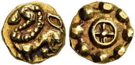 INDIA, Medieval. Kadambas of Goa. 13th century. Fanam (Gold, 6 mm, 0.30 g). Lion to left. Rev. Wheel surrounded by pellets. Mitchiner II, 661. Extreme...