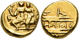 INDIA, Independent States. Vijayanagar. Sadashivaraya, 1542-1568. Pagoda (Gold, 11 mm, 3.39 g). Vishnu and Lakshmi seated facing on a raised seat. Rev...