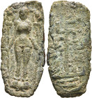 SRI LANKA (CEYLON). 1st-3rd centuries. Plaque (Bronze, 43x15 mm, 7.29 g, 12 h). Goddess Lakshmi standing facing on lotus, grasping with her hands two ...