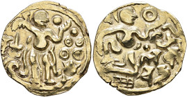 SRI LANKA (CEYLON), Native coinages. Period of the Chola Invasion. Circa 990-1070. Kahavanu (Electrum, 22 mm, 4.35 g). King standing facing, head to r...