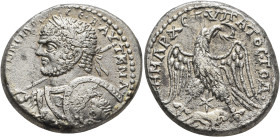 SYRIA, Coele-Syria. Heliopolis. Caracalla, 198-217. Tetradrachm (Billon, 26 mm, 13.59 g, 11 h), 215-217. ΑΥΤ Κ Μ Α [ΑΝ]ΤⲰΝЄΙΝΟC CЄ•Β• Laureate and cui...