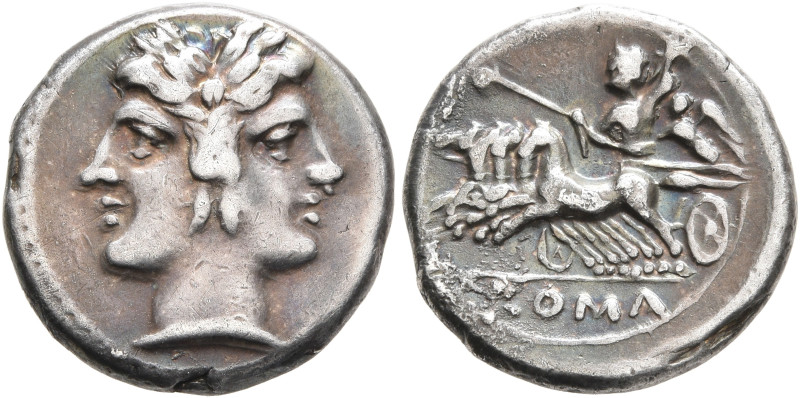 Anonymous, circa 225-214 BC. Drachm (Silver, 16 mm, 3.32 g, 6 h), Rome. Laureate...