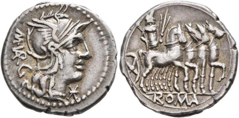 M. Vargunteius, 130 BC. Denarius (Silver, 20 mm, 3.98 g, 4 h), Rome. M•VAR G Hea...