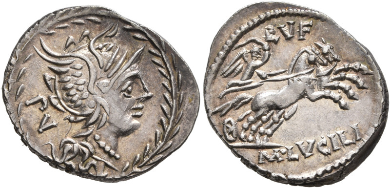 M. Lucilius Rufus, 101 BC. Denarius (Silver, 21 mm, 3.91 g, 9 h), Rome. PV Head ...