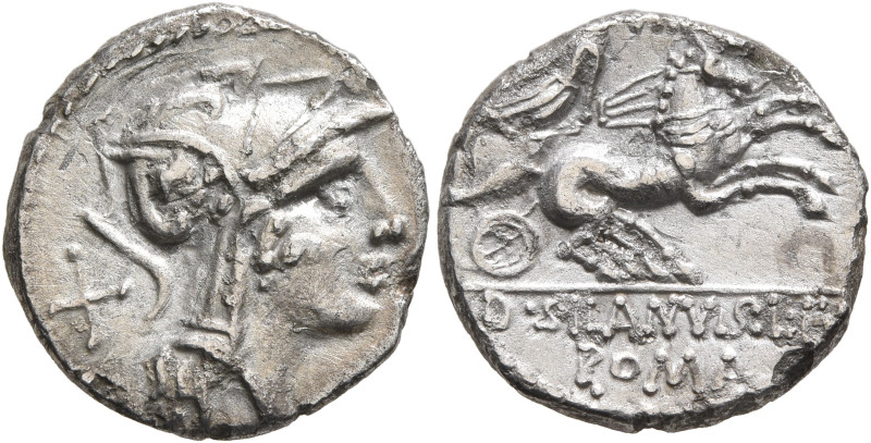 D. Silanus L.f, 91 BC. Denarius (Silver, 16 mm, 3.11 g, 9 h), Rome. Head of Roma...